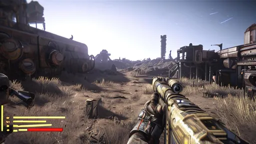 Prompt: Wastelandic first person shooter with interesting and complicated HUD