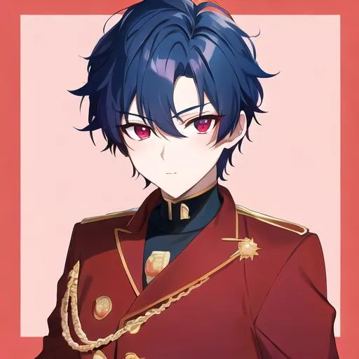 Prompt: Boy of effeminate appearance with short dark blue hair and red eyes. Garnet has a cold look on his face and wears a red-orange uniform.