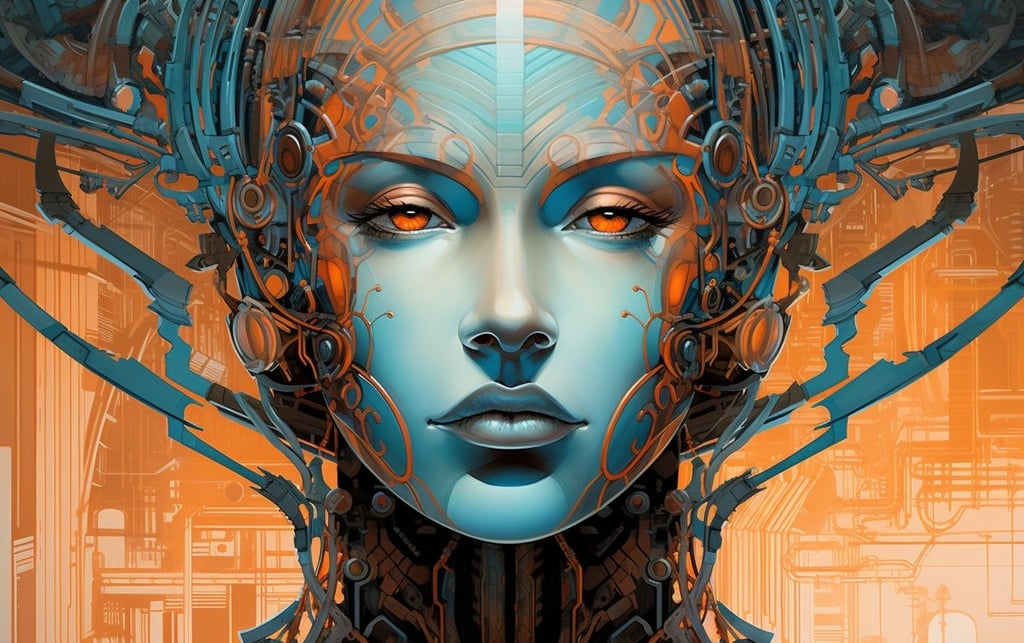 Prompt: the comic for cyborg city 'dark future', in the style of psychedelic portraits, precise, detailed architecture paintings, teal and bronze, realistic human figures, neo-classical symmetry, precisionist art, light blue and orange