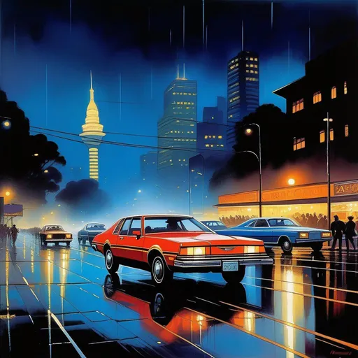 Prompt: 1980s, downtown São Paulo at night, car chase, rain, fog, cold blue atmosphere, cartoony style, extremely detailed painting by Greg Rutkowski and by Henry Justice Ford and by Steve Henderson 

