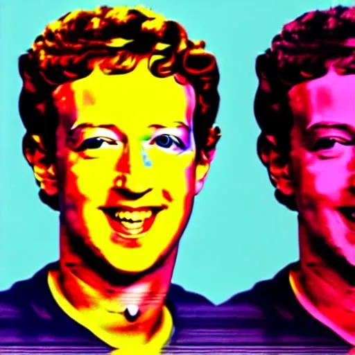 Prompt: Color portrait of ((Mark Zuckerberg)) likable face handsome confident smile, in the style of andy warhol, 1984 pop art, in the style of Michael Jackson by Andy Warhol, happily looking into the camera, cultural icon, epic, yellow, happy, bright, curly hair, high quality, trending on artstation, hd