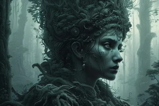 Prompt: goddess of the forest hyper detailed extremely realistic dark cinematic UHD in the style of Vincent Lefevre