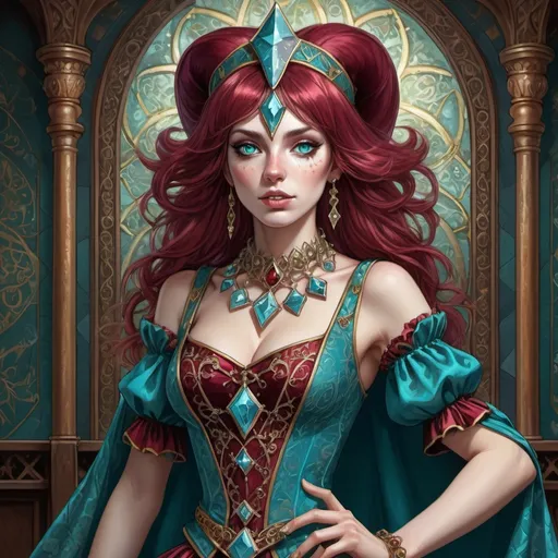 Prompt: Anime illustration of an innocent garnet-haired bare chested woman, dressed as a court jester in a detailed ornate garnet and aquamarine costume, fractal medieval images in background, dramatic lighting, she has a free spirit personality, tarot card style, detailed aquamarine eyes, professional, highres, ultra-detailed, rejuvenation, dramatic lighting, ornate costume, court jester, intense gaze, vibrant color palette, ornate fine line details, mystical atmosphere