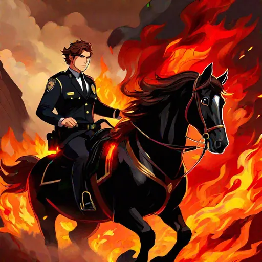 Prompt: Caleb  as a police officer (brown hair) (brown eyes) wearing a tuxedo, full body, riding a (demon horse, glowing red eyes, black coat, firey mane, and tail) running through hell