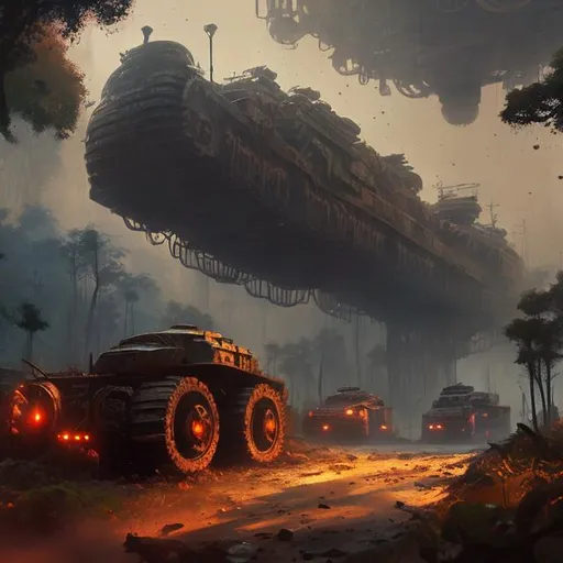 Prompt: giant city on tank wheels going through a forest. cinematic lighting, wide angle, volumetric light scattering, 8 k, artstation, concept art. art by ian mcque