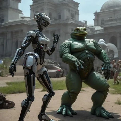 Prompt: Beautiful transgender Robot ballerinas with heavy weaponry fighting genetically modified lizard gorillas .