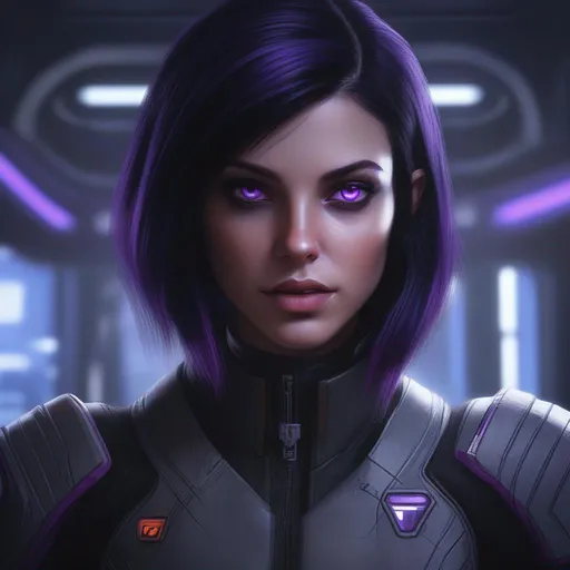 Prompt: Portrait of girl with black hair and purple eyes, mass effect, perfect composition, hyperrealistic, super detailed, 8k, high quality, trending art, trending on artstation, sharp focus, studio photo, intricate details, highly detailed, by greg rutkowski