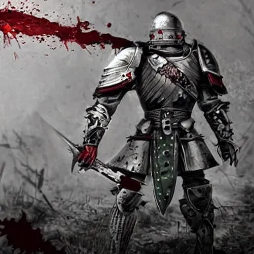 Prompt: a traitor knight killing his teamates with his bare hands. his teamates are trying to stop him. his eyes glow red. his armor is covered in blood of his friends