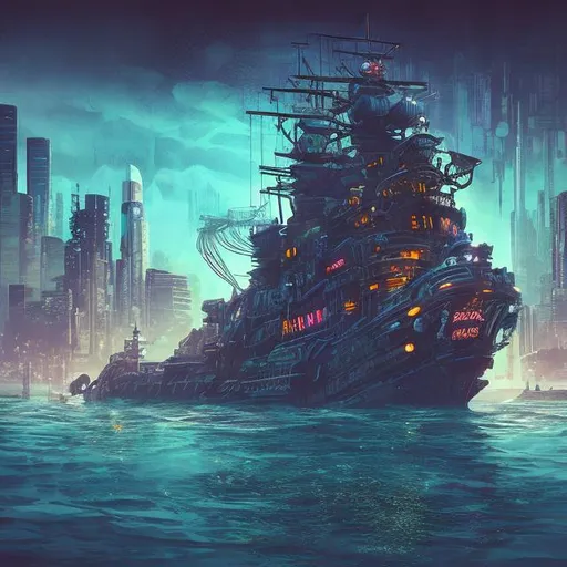 Prompt: an illustration of a cyberpunk pirate ship floating in downtown Los Angeles in rough waters in style of Gaudi