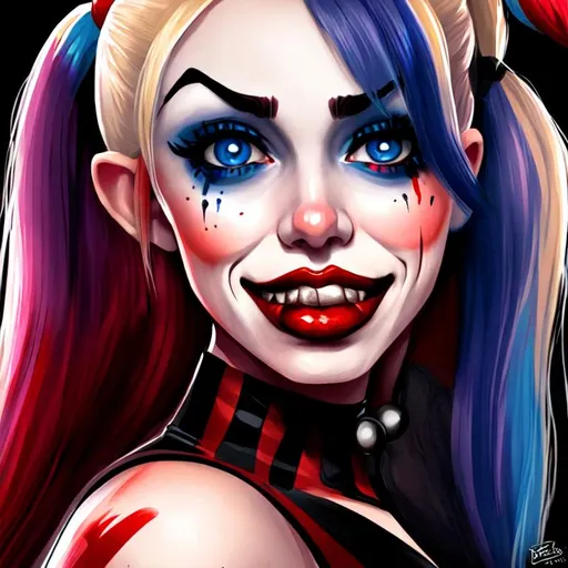Prompt: Beautiful woman Harley Quinn cartoon portrait 