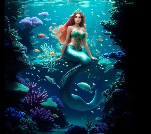 Prompt: A mermaid rests languidly on a coral reef, surrounded by schools of colorful fish and gently swaying seaweed, dreamy, luminous, otherworldly, bewitching, and lush, with realistic, intricate details, mystical, nightfall glow, sunlight dappling through the trees casting a magical glow, enchanted, ethereal, and whimsical, with realistic, intricate details,bionic eyes, detailed face, hyper detailed, steampunk, bionic, volumetric lighting, hard lighting, octane render, unreal engine, uhd, hyperdetailed clothes, cosmic mist, star dust, cinematic lighting, colorful glamorous lighting, colorful particles, mist