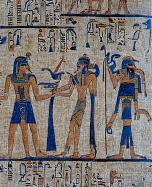 Prompt: an ancient papyros showing hatchepsud, thoth and the prarao, in front of  old agyption glyphs on a papyrus