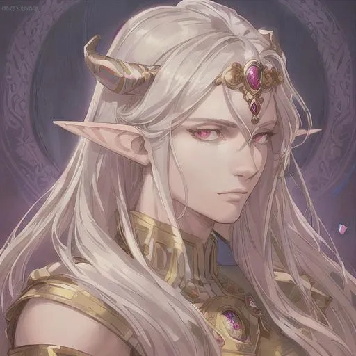 Prompt: Portrait of a prince, smooth soft skin, big dreamy pink eyes, glowing eyes, heart eyes, beautiful fluffy intricate colored blond hair, symmetrical, anime wide eyes, soft lighting, detailed face, wlop, rossdraws, concept art, digital painting, smooth, elf ears, shoulder length hair, horns, gray skin