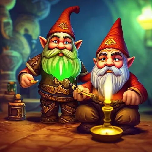 Prompt: A gnome and a dwarf from world of Warcraft smoking weed out of a hookah.