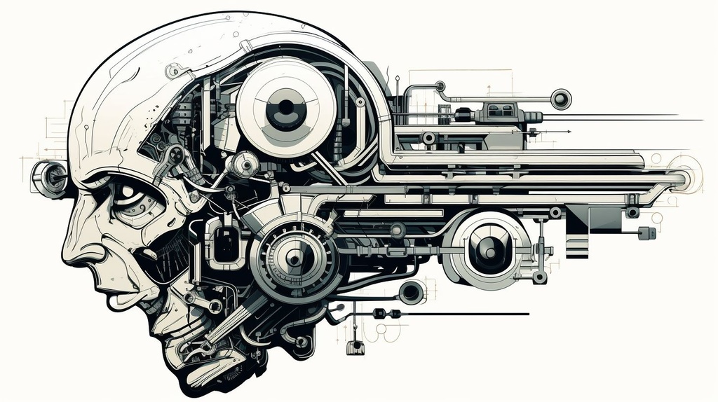 Prompt: vector black outline of a thinking machine, cell shaded, extreme depth of field