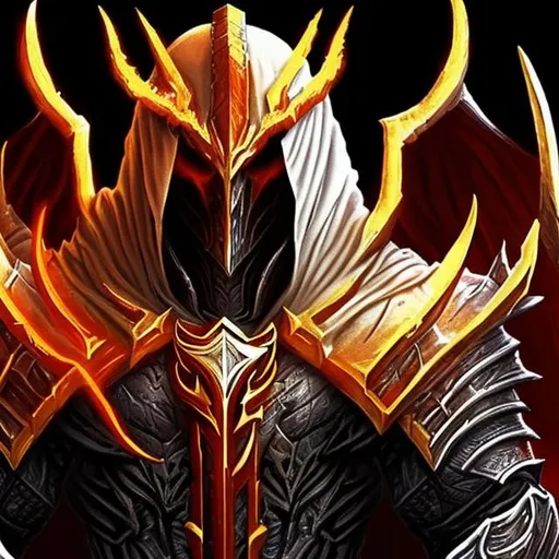 Prompt: i need a new profile picture for my discord profile. i want to use tyrael from diablo with a dark theme of red and black colors as it the background was hell