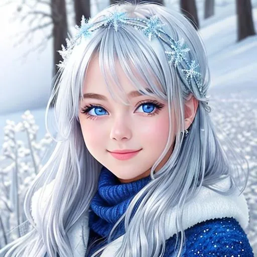 Prompt: young girl, covered in frost, bashful hypnotic sapphire blue eyes, calm bashful smile, gorgeous silver hair