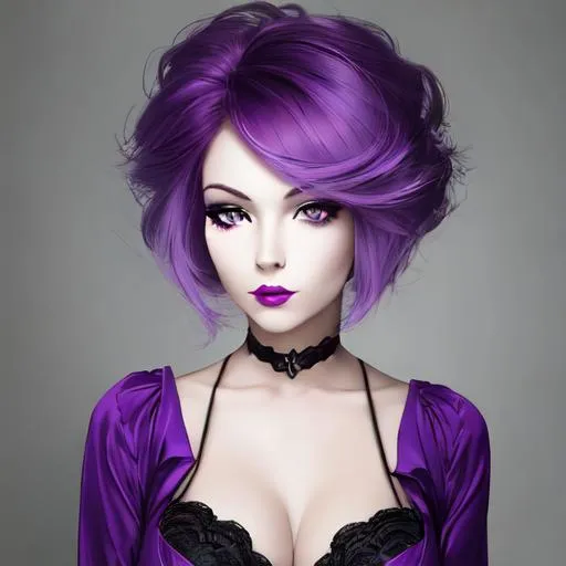 Prompt: Beautiful woman portrait Purple hair, eyes and lips
