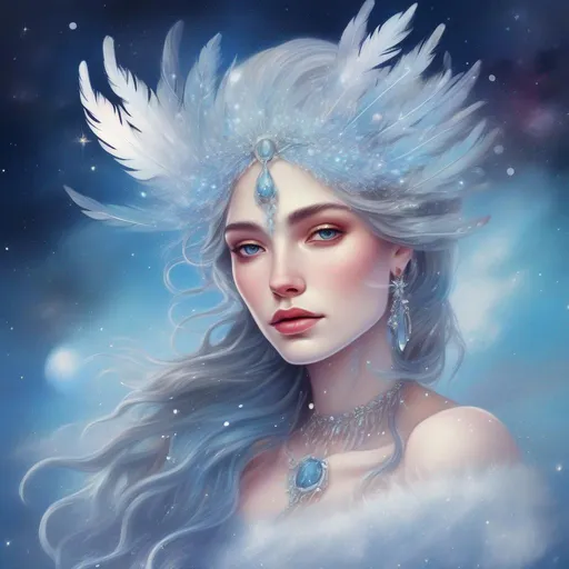 Prompt: Colourful and beautiful ice queen Persephone with snow feathers for hair, wearing a dress made of snow feathers, wearing crystal jewelry framed by constellations, snow and the moon in outer space in a dreamy painted style