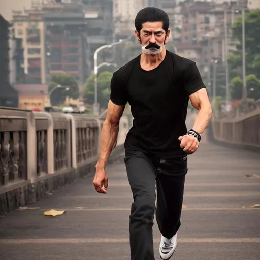 Prompt: a man with strong body which is have style like vegta or gouko who is  have lighe brown hazel eyes with back cap. a some kind of magnum mustache with long side burns . a black tishirt put in the naveay jeans and black shoes , and black watch on left hand and white thread braclet , he is running or figuring tai chi styles 