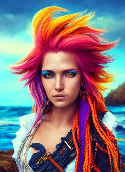 Prompt: Portrait of a pirate with colorful hair  in a beach cove, perfect composition, hyperrealistic, super detailed, 8k, high quality, trending art, trending on artstation, sharp focus, studio photo, intricate details, highly detailed