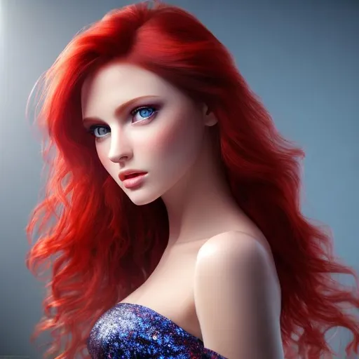 Prompt: HD 4k 3D professional modeling photo hyper realistic beautiful sultry enchanting woman red hair fair skin blue eyes gorgeous face sparkling fitted red dress dark singers lounge piano interior landscape hd background ethereal mystical mysterious beauty full body