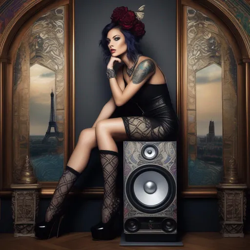 Prompt: a woman sitting on top of a speaker with her legs crossed and legs crossed, wearing stockings and stockings, Alice Mason, fashion photography, a picture, art photography, tattooed female figurative on top on large speaker, digital painting by dora art, in the style of intricate, fantastic grotesque, detailed character illustrations, pensive stillness, chromepunk, fantasy characters, digital illustration 