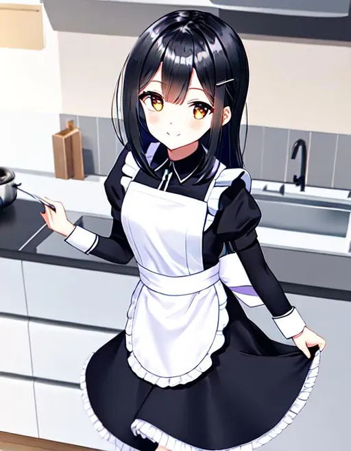 Prompt: UHD HDR Gratuitous Full Body View of Cool Intelligent Misaki Ayuzawa in Maid Latte Uniform. Dark Shoulder-Length Hair with silver bobby pins on the side of her strikingly beautiful face that pulls her side bangs away from her eyes. Kitchen Lights Accentuating her Sensual Beauty. Adorable. Cute. Kawaii