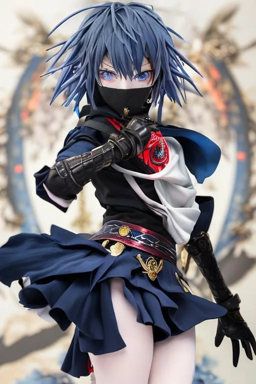 Prompt: anime art, (masterpiece), best quality, expressive eyes, perfect face, (masterpiece), best quality, expressive eyes, perfect face, 1girl, "sayaka miki" "ninja outfit" "soul gem on the back of the hand" "crouching position" "two Japanese swords in the hands" "blue leather facemask covering the lower half of the face"