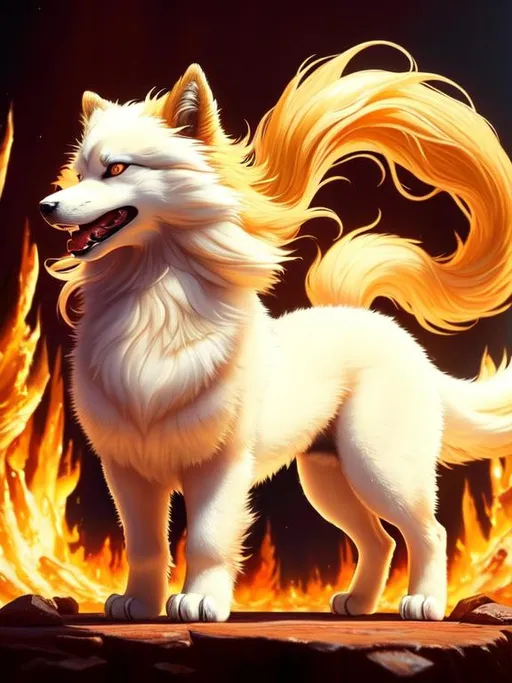 Prompt: 8k, 3D, UHD, masterpiece, oil painting, best quality, artstation, hyper realistic, perfect composition, zoomed out view of character, Portrait of a (beautiful Ninetales), {canine quadruped}, thick glistening gold-white fur, growling, deep sinister {crimson eyes}, ageless, lives a thousand years, wearing a beautiful (silky scarlet and gold scarf), thick white mane with fluffy golden crest, golden magic fur highlights, slender, studio lighting, animated, sharp focus, intricately detailed fur, sharp detailed eyes, beautifully detailed face, highly detailed starry sky with pastel pink clouds, ambient golden light, nine beautiful tails with pale orange tips, insanely beautiful, symmetric, sharp focus, professional, unreal engine, high octane render, highly detailed mouth, Yuino Chiri