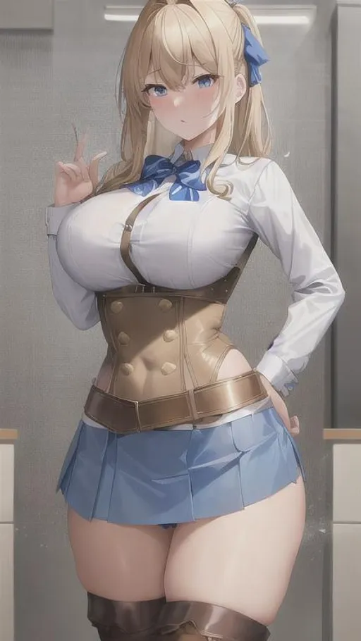 Lucy blonde hair with a blue left bow, brown pupils,... | OpenArt