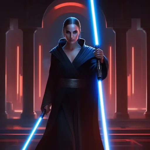 Prompt: Natalie Portman as a Sith Lord Exar Kun wearing a sith lord robe with a slight facial scar, wielding a lightsaber, blue glow, smoke filled room, runic glow on wall, 8k, trending on artstation, pixiv, dim lighting, stone pillars