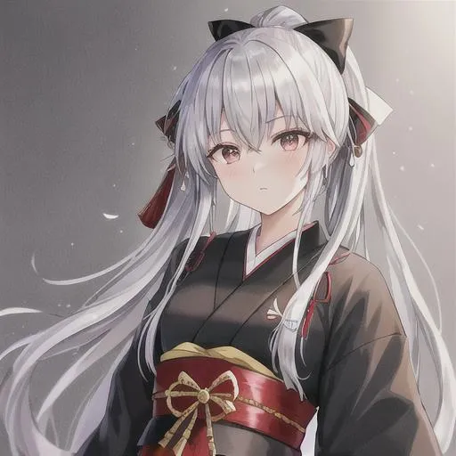 Prompt: Black bow, arrows, human, Taishō era, beautiful haori, Japanese styled outfit, silver hair