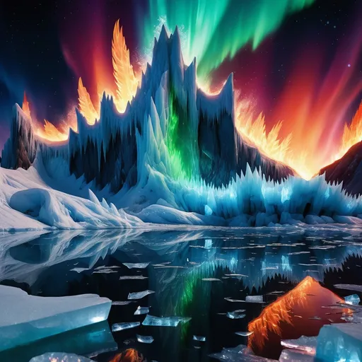 Prompt: Background: A frozen tundra with jagged ice cliffs reflecting an aurora borealis dancing across the sky.
Action: A mythical phoenix with blazing feathers of fire and ice bursts from a crystalized volcano, its flames melting the surrounding ice.
Render Style: Dynamic and luminous, with extreme contrast between fire and ice elements.
Theme: Rebirth and elemental harmony.