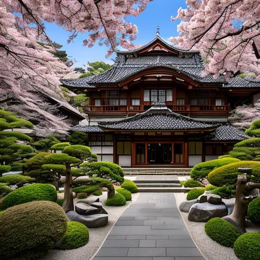 Prompt: In the tranquil setting of a Japanese garden, nestled amidst lush cherry blossom trees, stands a magnificent Catholic church. The architectural style seamlessly blends elements of traditional Japanese design with European influences. The façade features a striking combination of delicate wooden lattice work, reminiscent of a traditional Japanese temple, alongside grand arched windows adorned with intricate stained glass depicting scenes from the life of Christ and Japanese saints.