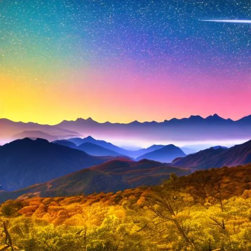 Prompt: oversaturated colors of the nightfall over the vector mountains, hidden magical symbols hidden all over in the image