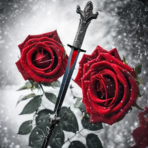 Prompt: Sword in the midst of white and red roses