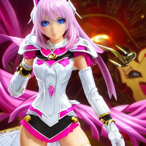 Prompt: "Anything V5 Style", (masterpiece), best quality, expressive eyes, perfect face, full body, 1girl, pink haired eighteen years old girl, standing up, dressed in a pink dress under a set of white armor, silver hairpin with a pink gem, white chest plate, white gauntlets, white greaves, white armored boots, thigh high pink stockings, sword and shield, knee-reaching single braid, pink furred ears and tail, ghostly orbs all around,