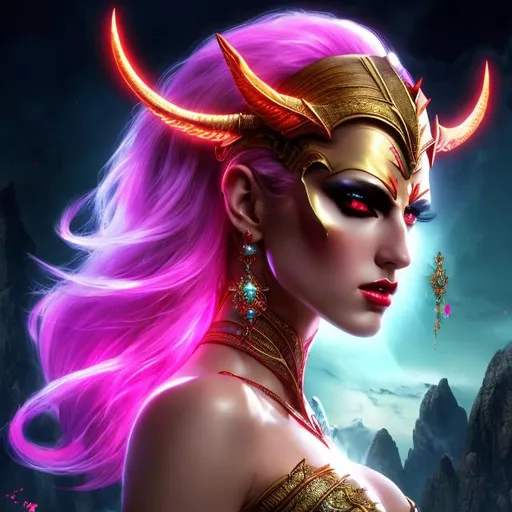 Prompt: HD 4k 3D 8k professional modeling photo hyper realistic beautiful evil demon woman ethereal greek goddess of pride
bright red hair feminine horns dark eyes gorgeous face pale skin dark bejeweled armor red wings full body surrounded by magical glow hd landscape background climbing mountain in the underworld