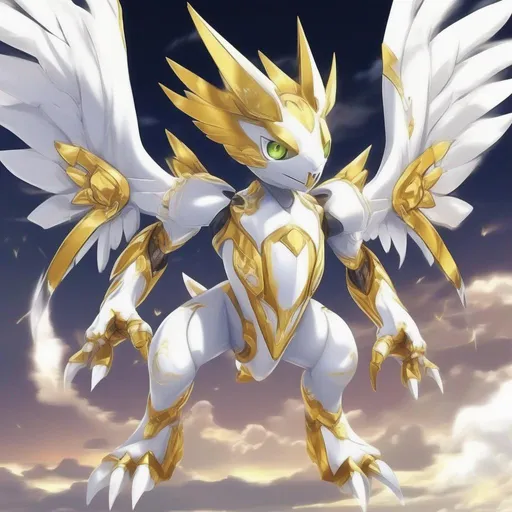 Prompt: sacred Digimon,poor self-judgment between good and evil, and can be quite adorably mischievous, it can fly skillfully about the sky with the two wings growing from its back, colors are primarily white and gold, Masterpiece, best quality
