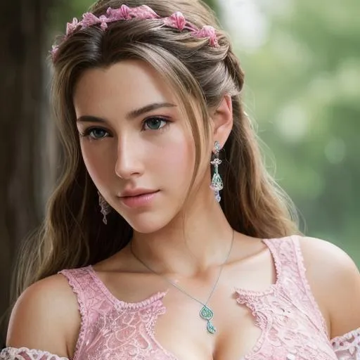 Prompt: Aerith from Final Fantasy 7, pink lace top, Caucasian female, smooth features, beautiful, detailed, hyperrealistic, super detailed, 8k, high quality, sharp focus, intricate detail, highly detailed, UHD, 8k, high quality, oil painting, hyper realism, Very detailed, clear visible face