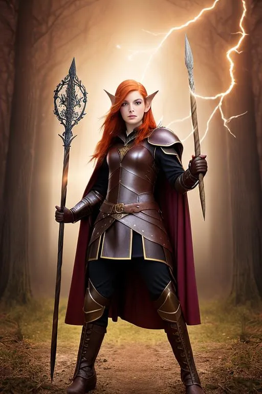 Prompt: award winning portrait photo of a red headed elven wizard, wearing leather fantasy armor, holding a wood staff, with a lightening bolt coming out of the staff (backlighting:1.4), digital painting, concept art, smooth, sharp focus, rule of thirds, dark fantasy, intricate details, medium shot, (shallow depth of field:1.1), by sandra chevrier, art by RFKTR_rootrex