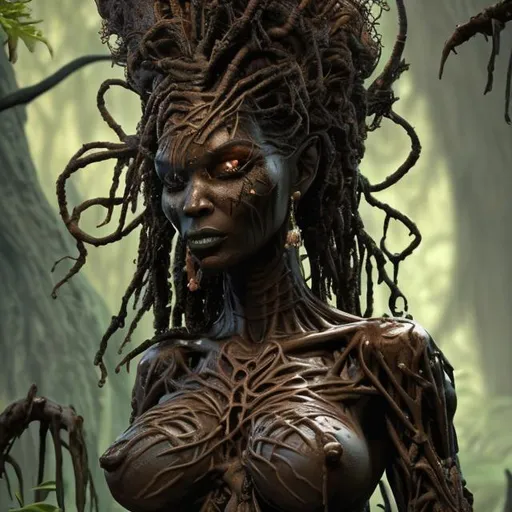 Prompt: full body voodoo swamp goddess highly detailed body and face dark cinematic 8K in the style of frank frazetta