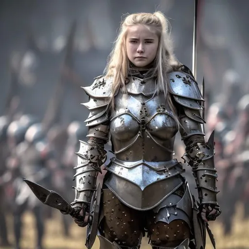 Prompt: Battle maiden clad in armor standing over slain armies
