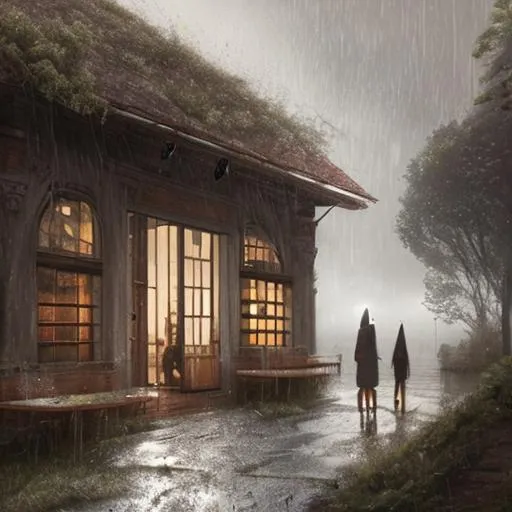 Prompt: a beautifull rainy day in the countryside through a wooden window by greg rutkowski, soft palette, trending on artstation .Bright Cozy Cafe Interior. Dark lightning storm outside. Cinematic Lighting. Ambient Scene. window overlooking heavy
 rain and plants a table by its side with coffee laptop headphones working cafe 
animated amine style 