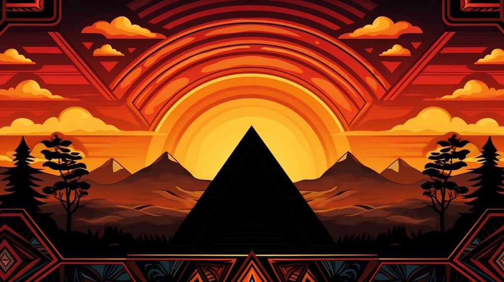 Prompt: pyramids in front of a sunset in style of aztec art x aztec art patterns