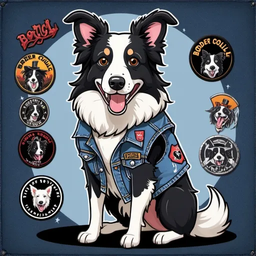 Prompt: border collie wearing a heavy metal music denim vest with patches in a cartoon style 