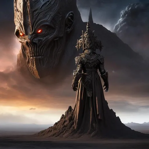 Prompt: a dark humanoid god looking over a dark fantasy landscape, dark volcanic sand, in the sky, is a floating mighty dark god looking down at the landscape, thin atmosphere, hd realistic, art, beyond the universe