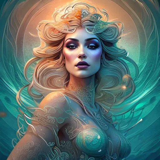 Prompt: illustration of a beautiful woman in her 30s, goddess of the fae, in the ocean, soft lighting, light rays through water, stylized with spirals, perfect symmetrical face, makup, dramatic background, seductive, 105mm, creative bokeh, full body, intricate clothing, fantasy, artstation, very complex hyper-maximalist, overdetailed, 3d ray tracing, tribal, 8k resolution, Ultra-detailed 3D Octane Render, photorealistic, concept art, Sharp Focus, golden ratio, low-angle, intense shadows, intense lighting, splash screen, tonemapping.