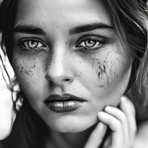 Prompt: Womans face in black and white portrait but her eyes in color close up shot